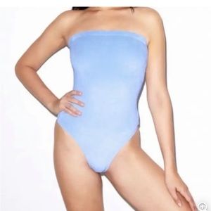 American Apparel bodysuit ice blue sky blue strapless velour thong bodysuit M